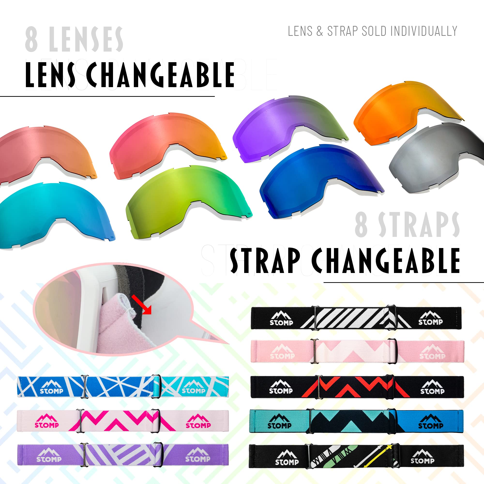 STOMP Ski/Snowboarding Goggles 100% UV400 Protection Replaceable Lens/Straps Goggle for Men, Women & Youth - Image 6